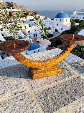 Vint German Carved Wood Brutalist Candelabra Schowa Handarbeit Arc Design 2 Cups